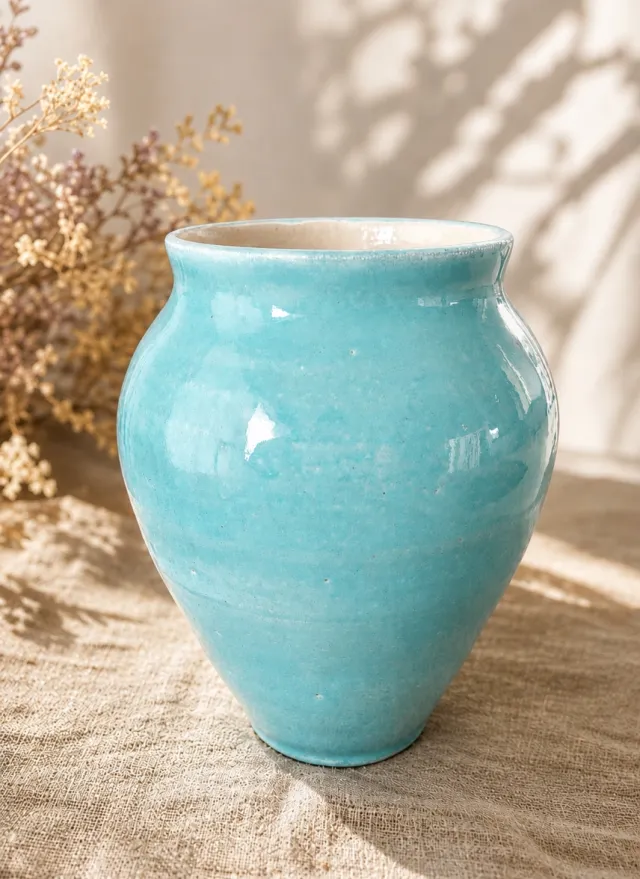 Hånddreid vase i steingods – turkis glasur
